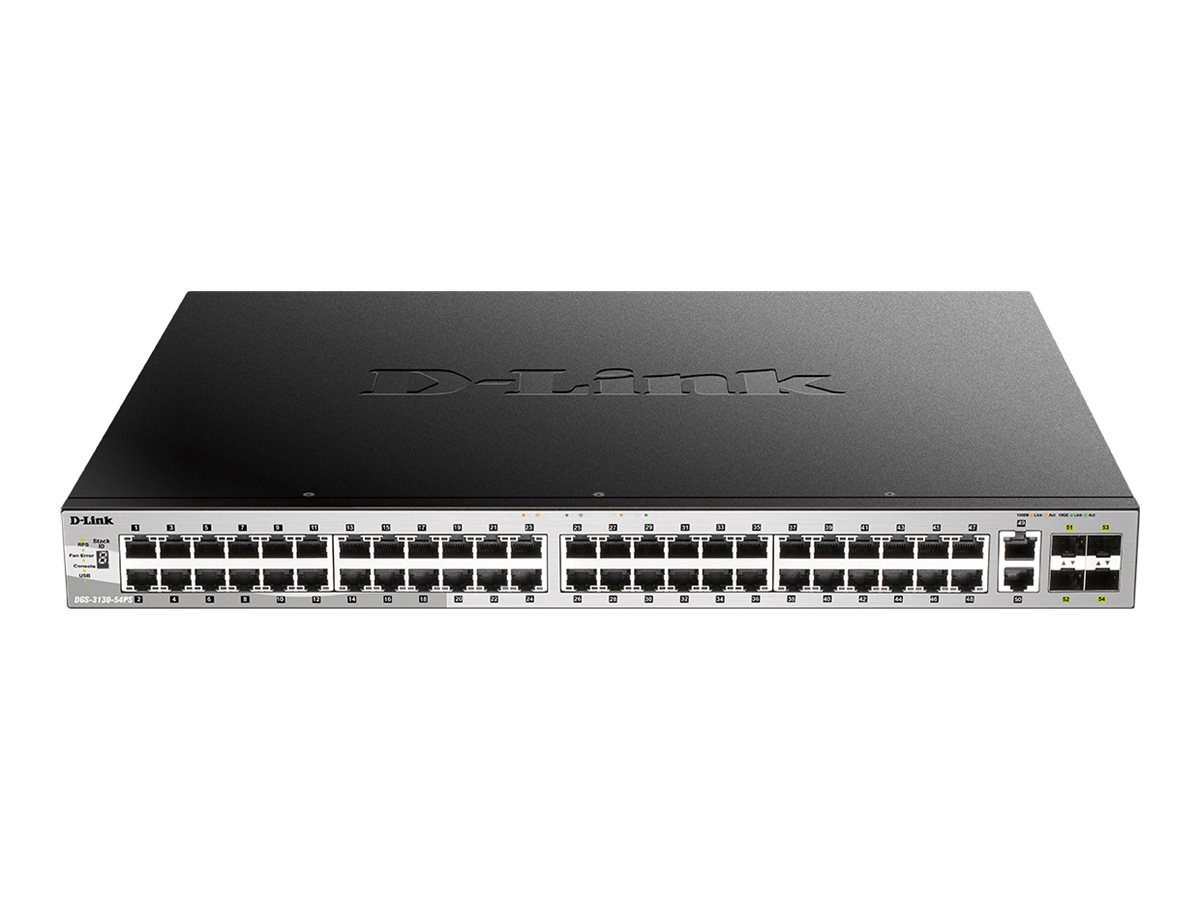D-LINK DGS-3130-54PS/E, 48 Gig L3 Stackable PoE Switch 2x10 Gig w/4xSFP+, Std Image, D-Link