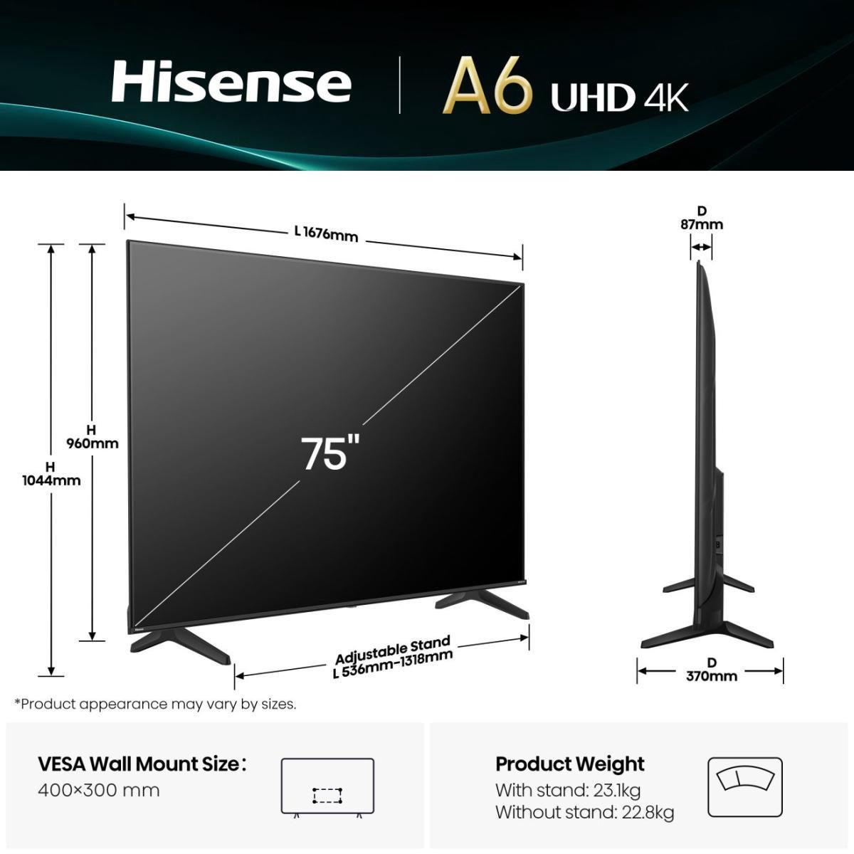 Hisense 4K TV, 75A6Q, 75, Smart TV, VIDAA Smart OS, UHD, Black