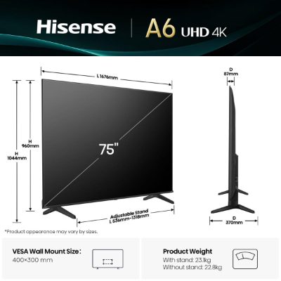 Hisense 4K TV, 75A6Q, 75, Smart TV, VIDAA Smart OS, UHD, Black