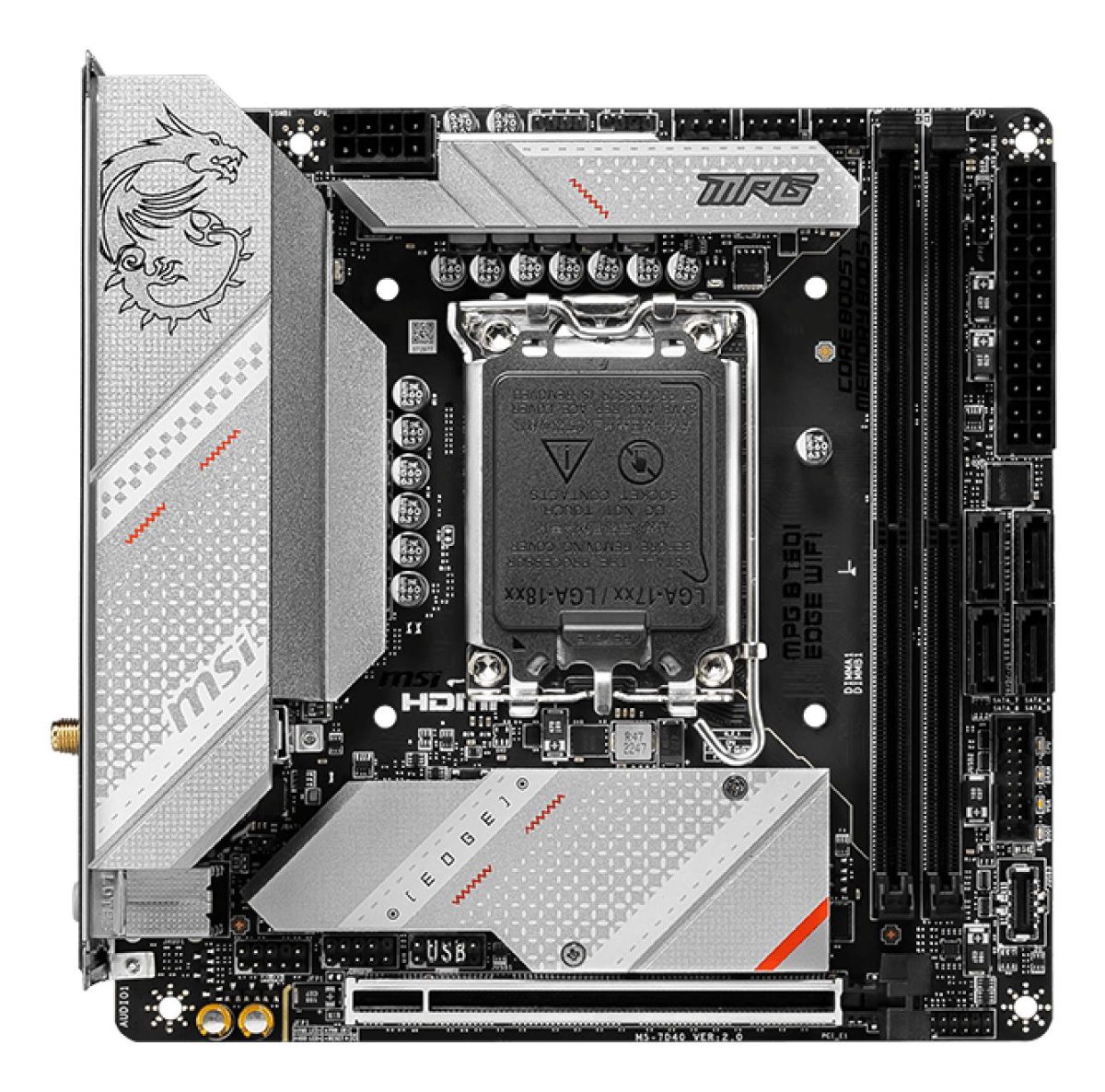 Mainboard, MSI, Intel B760 Express, LGA1700, Mini-ITX, Memory DDR5, Memory slots 2, 1xPCI-Express 16x, 2xM.2, 1xHDMI, 1xDisplayPort, 2xUSB 2.0, 5xUSB 3.2, 1xUSB-C, 1xRJ45, 3xAudio port, MPGB760IEDGEWIFI