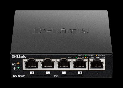 Switch, DGS-1005P, Unmanaged, Desktop, Gigabit Ethernet (copper) ports quantity 5, Power over Ethernet (PoE) ports quantity 4, Power supply type External