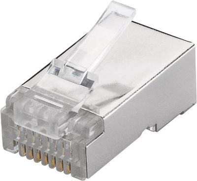 Goobay 93829 RJ45 plug, CAT 6 STP shielded, for round cable   for stranded and solid inner conductor  Technical specifications  Connections  Connection, type  RJ45 male (8P8C)   Connection, contact material  gold-plated 15µ   Contacting  4+4 Pin   Cable  Specification  CAT 6   Shielding class  STP   AWG  26-23   General  Consumption Unit  1 pcs.