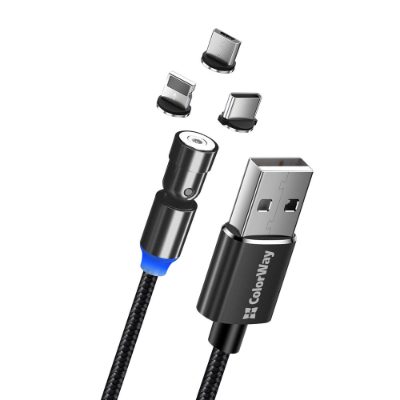 ColorWay Cable 3in1 (Lightning+MicroUSB+Type-C) Magnetic Rotation 540° 2.4А, 1m, CW-CBUU037-BK