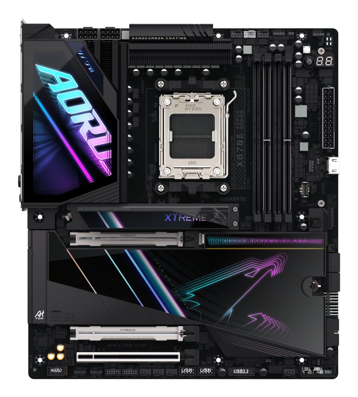 Mainboard, GIGABYTE, AMD X870E, SAM5, EATX, Memory DDR5, Memory slots 4, 1xPCI-Express 4.0 4x, 1xPCI-Express 4.0 8x, 1xPCI-Express 5.0 16x, 4xM.2, 1xHDMI, 2xUSB 2.0, 6xUSB 3.2, 2xUSB-C, 1xOptical S/PDIF, 2xRJ45, 2xAudio port, X870EAXTREMEAITOP