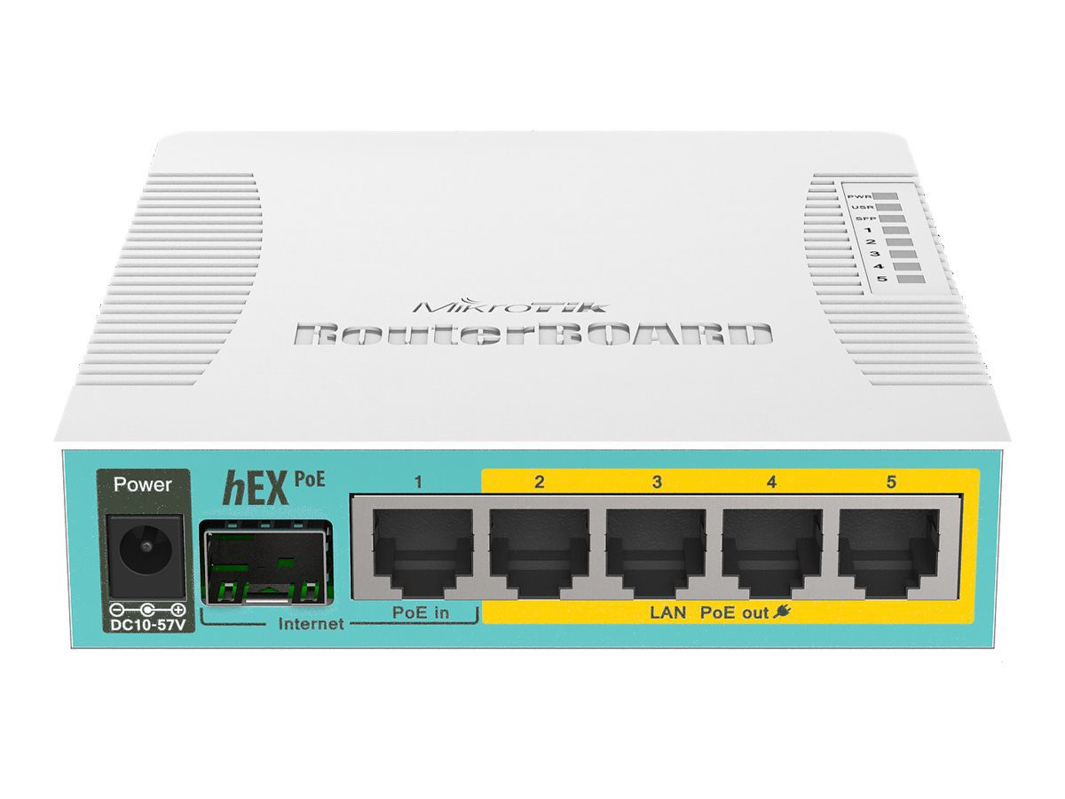 Mikrotik Wired Ethernet Router RB960PGS, hEX PoE, CPU 800MHz, 128MB RAM, 16MB, 1xSFP, 5xGigabit LAN, 1xUSB, Power Output On ports 2-5, Ourput: 1A max per port; 2A max total, RouterOS L4, MikroTik, hEX PoE Router, RB960PGS, No Wi-Fi, 10/100/1000 Mbit/s, Ethernet LAN (RJ-45) ports 5, Mesh Support No, MU-MiMO No, No mobile broadband, 1xUSB, 12 month(s)