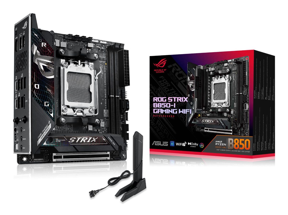 Mainboard, ASUS, AMD B850, SAM5, Mini-ITX, Memory DDR5, Memory slots 2, 1xPCI-Express 4.0 16x, 1xPCI-Express 5.0 16x, 2xM.2, 1xHDMI, 1xAudio-In, 1xAudio-Out, 1xMicrophone, 2xUSB 2.0, 5xUSB 3.2, 1xUSB-C, 1xOptical S/PDIF, 1xRJ45, STRIXB850-IGAMINGWIFI