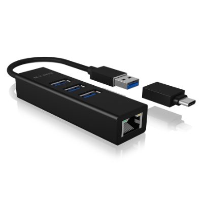 4 Port Hub with USB 3.0 Type-A, Type-C, Gigabit LAN, Icy Box IB-HUB1419-LAN