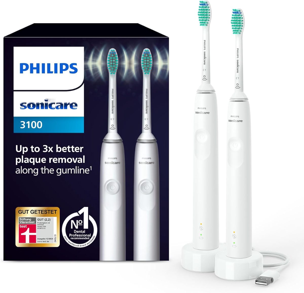 Sonic Electric Toothbrush, Sonicare 3100 series HX3675/13, Rechargeable, For adults, Number of brush heads included 2, Number of teeth brushing modes 1, Sonic technology, White
