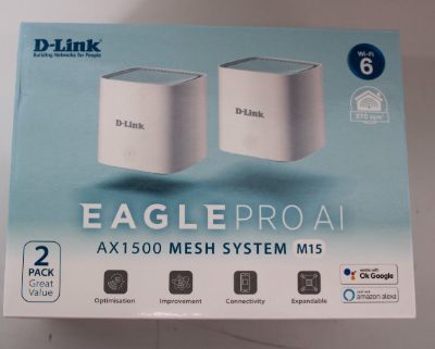 D-Link M15-2 EAGLE PRO AI AX1500 Mesh System D-Link EAGLE PRO AI AX1500 Mesh System M15-2 (2-pack) 802.11ax 1200+300 Mbit/s 10/100/1000 Mbit/s Ethernet LAN (RJ-45) ports 1 Mesh Support Yes MU-MiMO Yes No mobile broadband Antenna type 2 x 2.4G WLAN Internal Antenna, 2 x 5G WLAN Internal Antenna UNPACKED, SCRATCHED ON TOP, SALE OUT. D-Link, EAGLE PRO AI AX1500 Mesh System, M15-2 (2-pack), 802.11ax, 1200+300  Mbit/s, 10/100/1000 Mbit/s, Ethernet LAN (RJ-45) ports 1, Mesh Support Yes, MU-MiMO Yes, No mobile broadband, Antenna type 2 x 2.4G WLAN Internal Antenna, 2 x 5G WLAN Internal Antenna