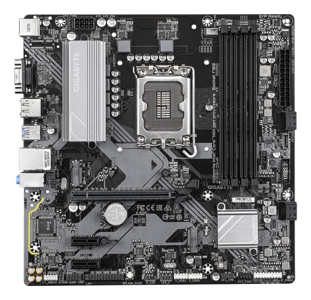 Gigabyte B760M D3HP, Processor family Intel, Processor socket LGA1700, DDR5, Supported hard disk drive interfaces M.2, SATA, Number of SATA connectors 4