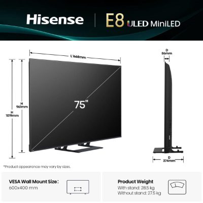 TV Set, HISENSE, 75 ", 4K Ultra HD, 3840 x 2160 pixels, Flat, 16:9, LED, 75E8Q
