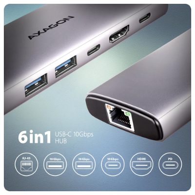 AXAGON Multi port USB-C 10Gbps hub, HMC-6G2L