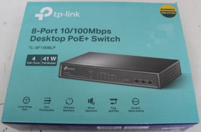 TP-Link TL-SF1008LP Switch Unmanaged, Desktop, 8x10/100Mbps ports, 4xPoE ports, PSU external, Steel case, SALE OUT. Switch, TL-SF1008LP, Unmanaged, Desktop, 10/100 Mbps (RJ-45) ports quantity 8, Power over Ethernet (PoE) ports quantity 4, Power supply type External, 59 month(s), USED, MISSING STICKERS (2 PCS)