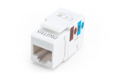 Class E CAT 6 Keystone Jack, DN-93601, Unshielded RJ45 to LSA, Cable installation via LSA strips, color coded according to EIA/TIA 568 A & B; The Cat 6 keystone module supports transmission speeds of up to 1 GBit/s & 250 MHz in connection with cat 6 or higher network installation cables, White