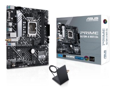 Mainboard, ASUS, Intel H610, LGA1700, Micro-ATX, Memory DDR4, Memory slots 2, 1xPCI-Express 3.0 1x, 1xPCI-Express 4.0 16x, 2xM.2, 1x15pin D-sub, 1xHDMI, 1xDisplayPort, 2xAudio-In, 1xAudio-Out, 4xUSB 2.0, 2xUSB 3.2, 2xPS/2, 1xRJ45, 2xRF-Out, H610M-AWIFID4