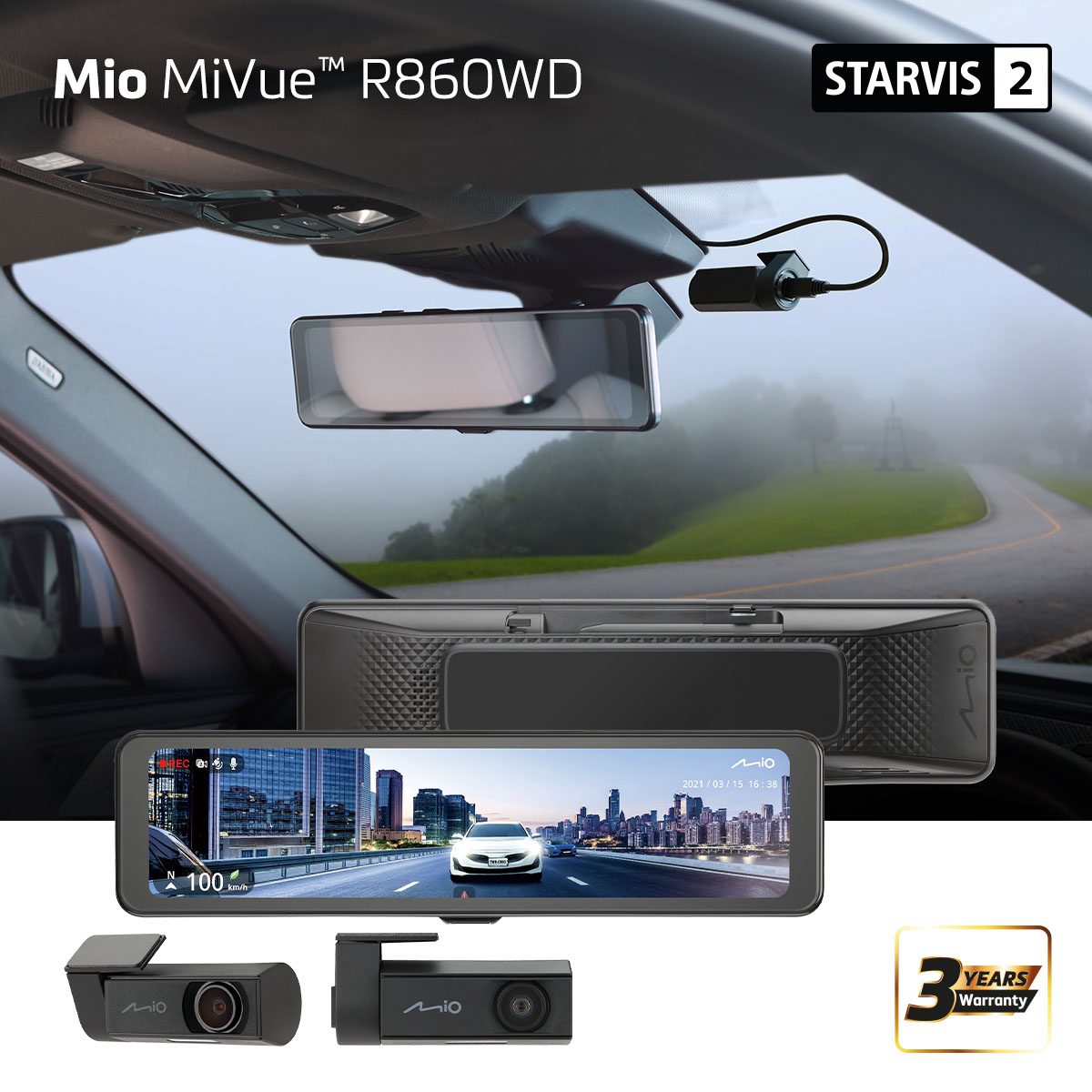 Mio MiVue R860WD, Dash Cam, GPS, Wi-Fi, Front and rear cams synchronized for recording with an unobstructed view; 11.26" IPS anti-glare touchscreen; Upgrade to the STARVIS 2 technology for clear details; Integrated high speed Wi-Fi – Quick pairing using QR code, Audio recorder