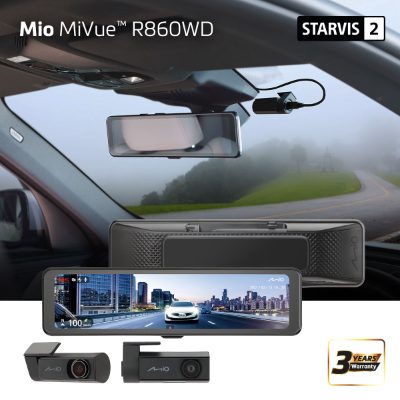 Mio MiVue R860WD, Dash Cam, GPS, Wi-Fi, Front and rear cams synchronized for recording with an unobstructed view; 11.26" IPS anti-glare touchscreen; Upgrade to the STARVIS 2 technology for clear details; Integrated high speed Wi-Fi – Quick pairing using QR code, Audio recorder