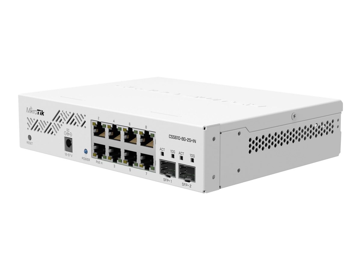 Cloud Router Switch, CSS610-8G-2S+IN, Web managed, Rackmountable, Gigabit Ethernet (copper) ports quantity 8, SFP+ ports quantity 2