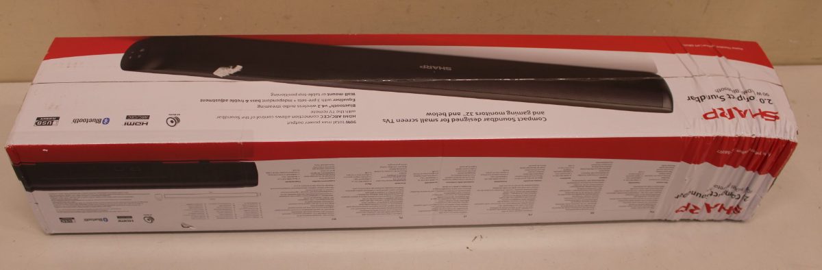 Sharp HT-SB107 2.0 Compact Soundbar for TV up to 32", HDMI ARC/CEC, Aux-in, Optical, Bluetooth, 65cm, Gloss Black, Yes, Sharp Soundbar Speaker, HT-SB107, Gloss Black, No, USB port, DAMAGED PACKAGING, AUX in, Bluetooth, Wireless connection