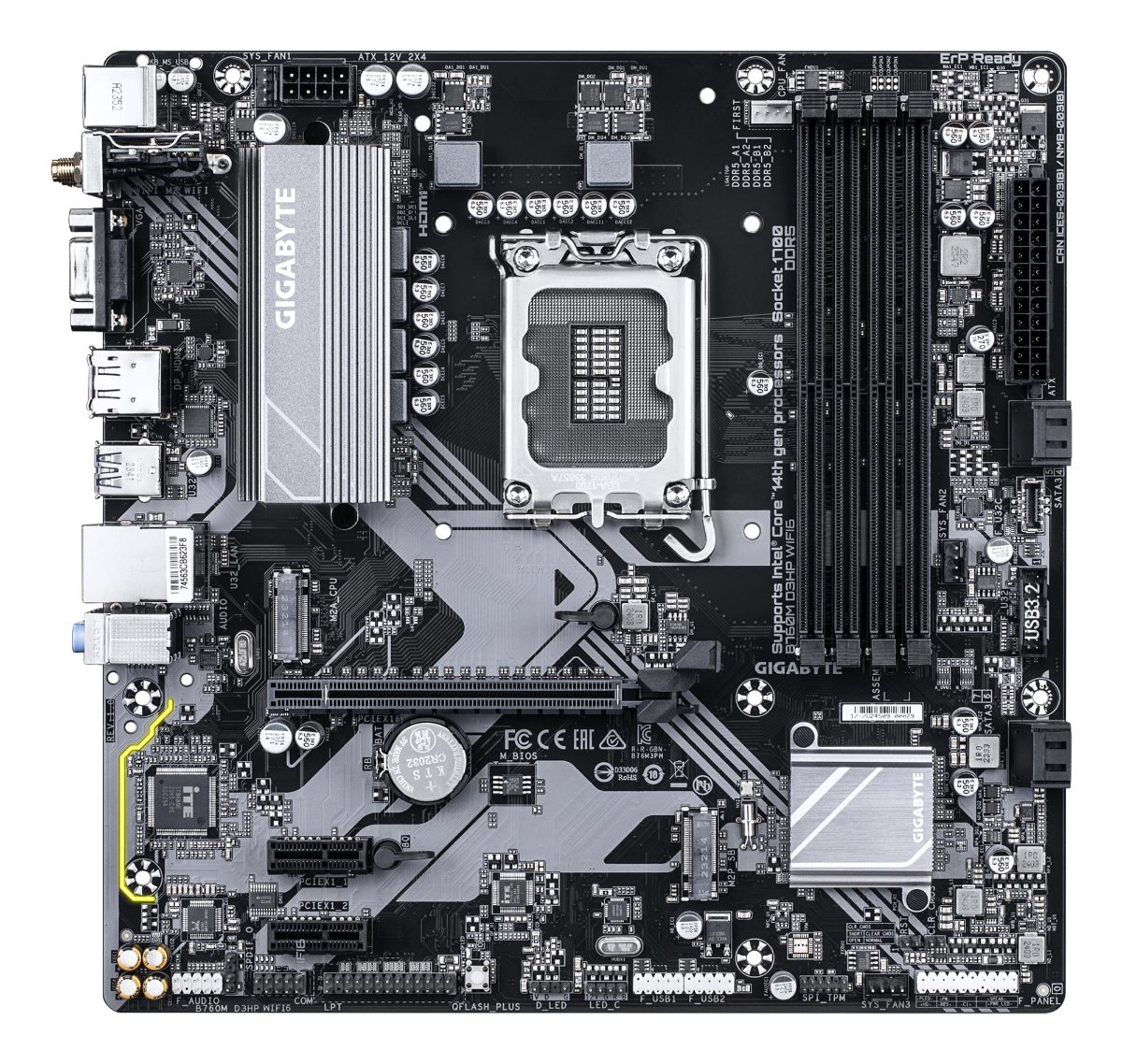 Gigabyte B760M D3HP WIFI6, Processor family Intel, Processor socket LGA1700, DDR5, Supported hard disk drive interfaces M.2, SATA, Number of SATA connectors 4