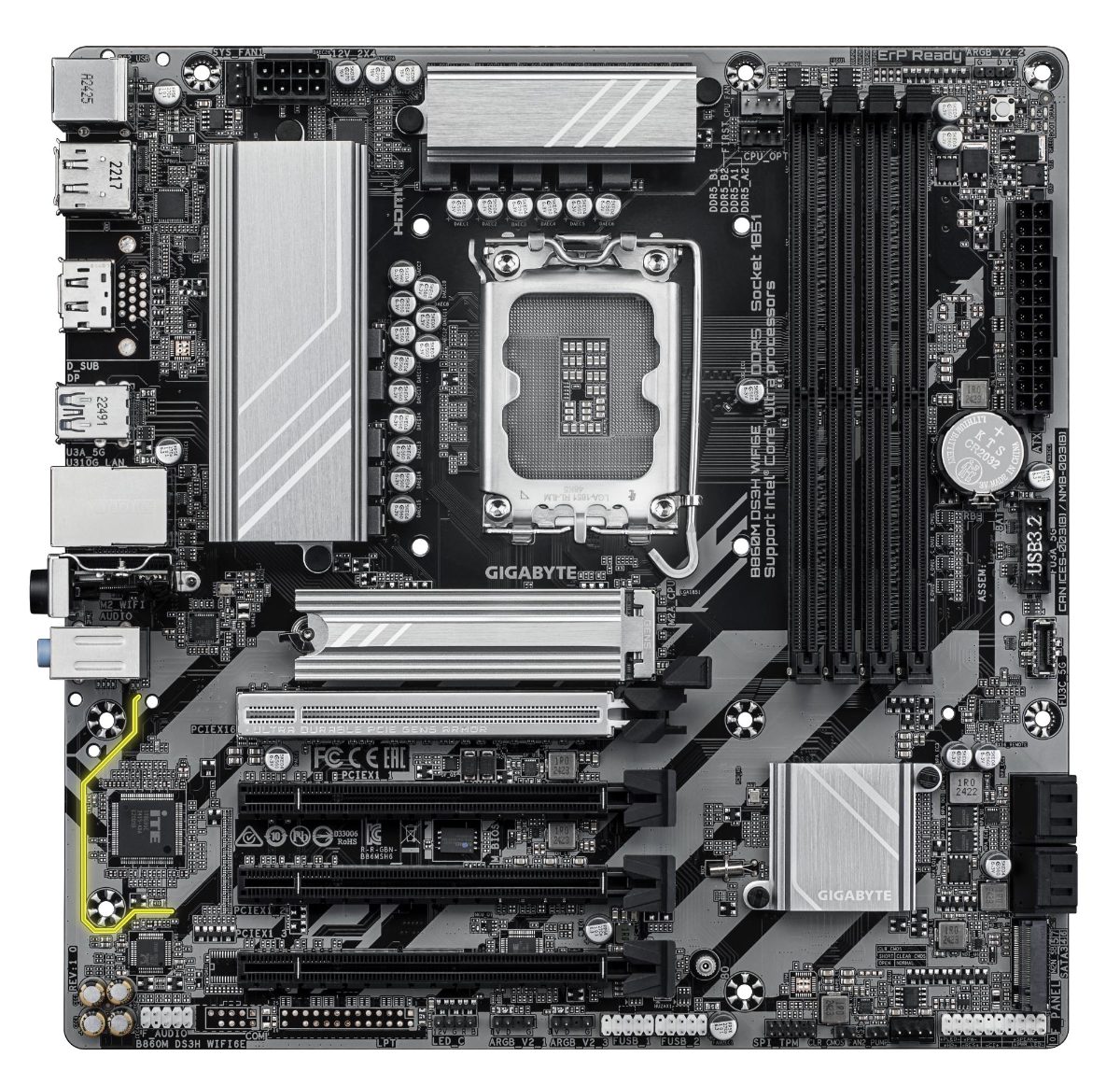 Gigabyte B860M DS3H WIFI6E, Processor family Intel, Processor socket LGA1851, DDR5, Supported hard disk drive interfaces SATA, M.2, Number of SATA connectors 4