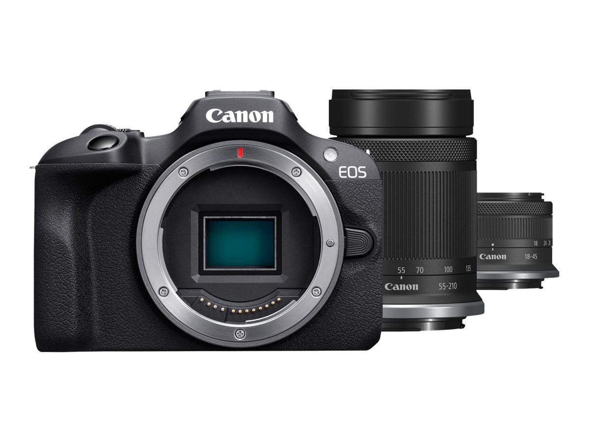 EOS R100 Mirrorless Camera + RF-S 18-45mm IS STM Lens + RF-S 55-210mm IS STM Lens, Megapixel 24.1 MP, Image stabilizer, ISO sensitivity (max) 256000, Wi-Fi, Video recording, Manual, CMOS, Black