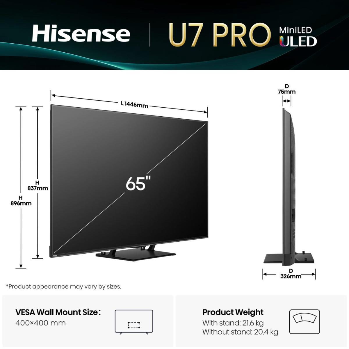 TV Set, HISENSE, 65 ", 4K Ultra HD, 3840 x 2160 pixels, Flat, 16:9, ULED, 65U7QPRO