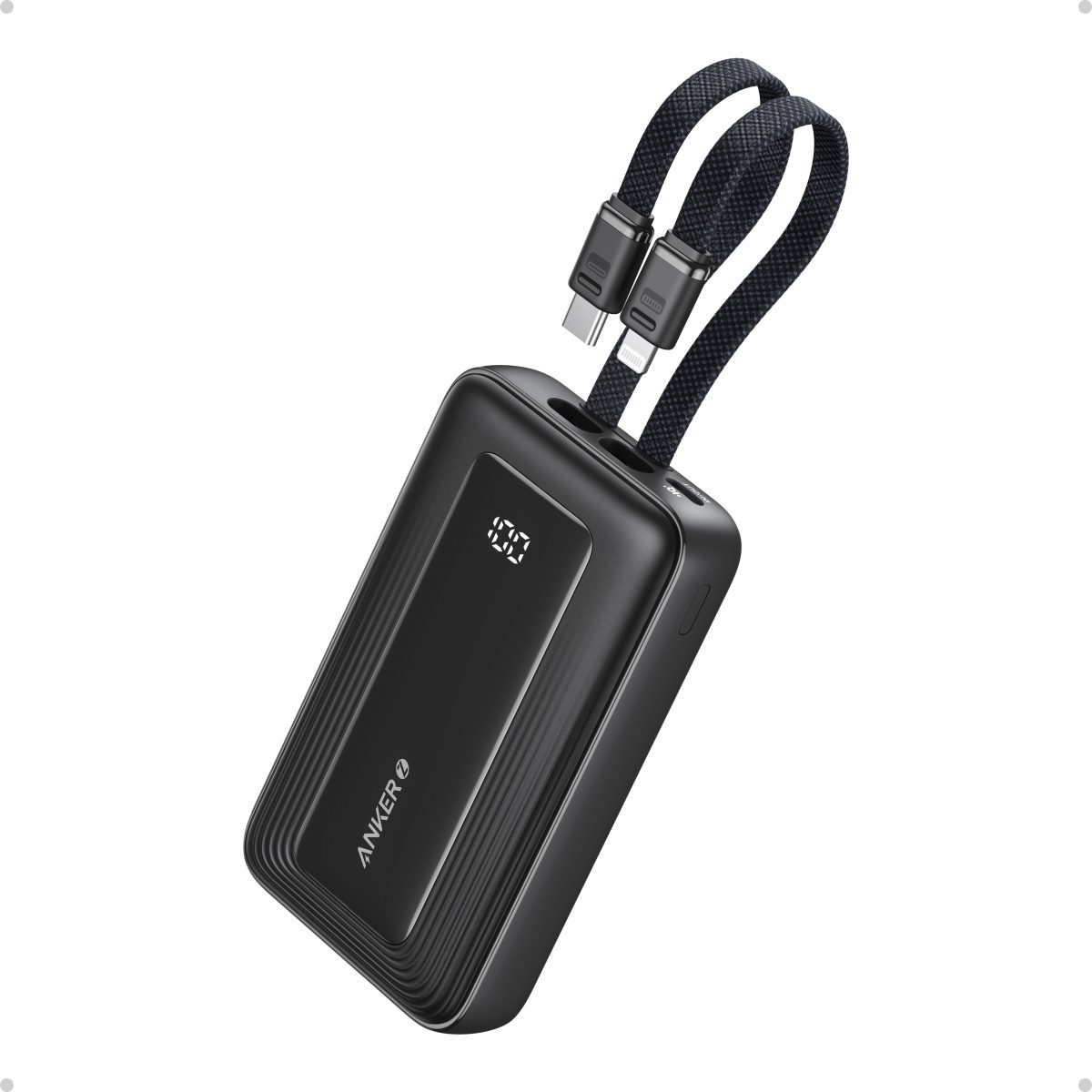 Power Bank, A1680G11, 10000 mAh, USB-C 30W, Lightning 27W, Built-In USB-C and Lightning Cables, Black