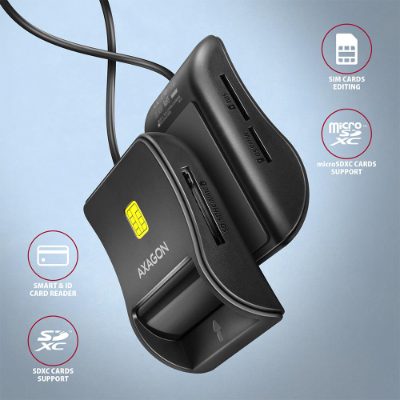 AXAGON Compact desktop USB contact Smart/ID & SD/microSD/SIM card reader with long, USB-A cable, CRE-SM3SD