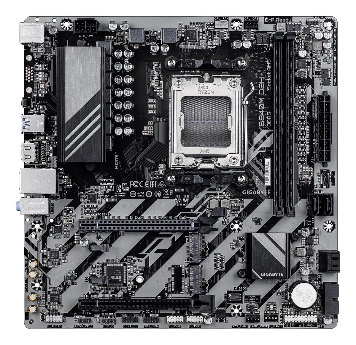 Gigabyte B840M D2H, Processor family AMD, Processor socket AM5, DDR5, Supported hard disk drive interfaces SATA, M.2, Number of SATA connectors 4