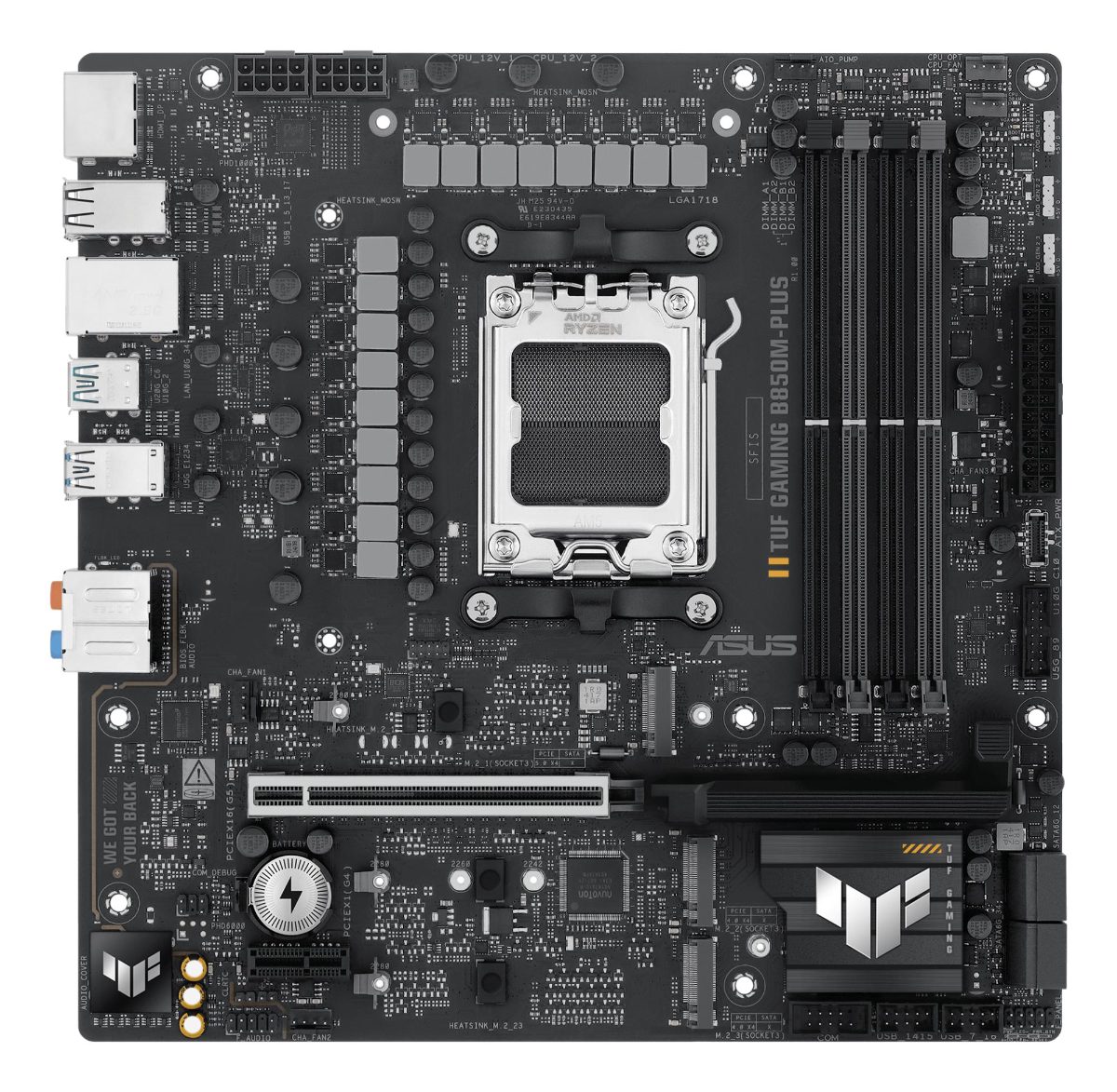 Mainboard, ASUS, AMD B850, SAM5, Micro-ATX, Memory DDR5, Memory slots 4, 1xPCI-Express 4.0 1x, 1xPCI-Express 4.0 16x, 1xPCI-Express 5.0 16x, 3xM.2, 1xHDMI, 1xDisplayPort, 4xUSB 2.0, 4xUSB 3.0, 3xUSB 3.2, 1xUSB-C, 1xRJ45, 5xAudio port, TUFGAMINGB850M-PLUS