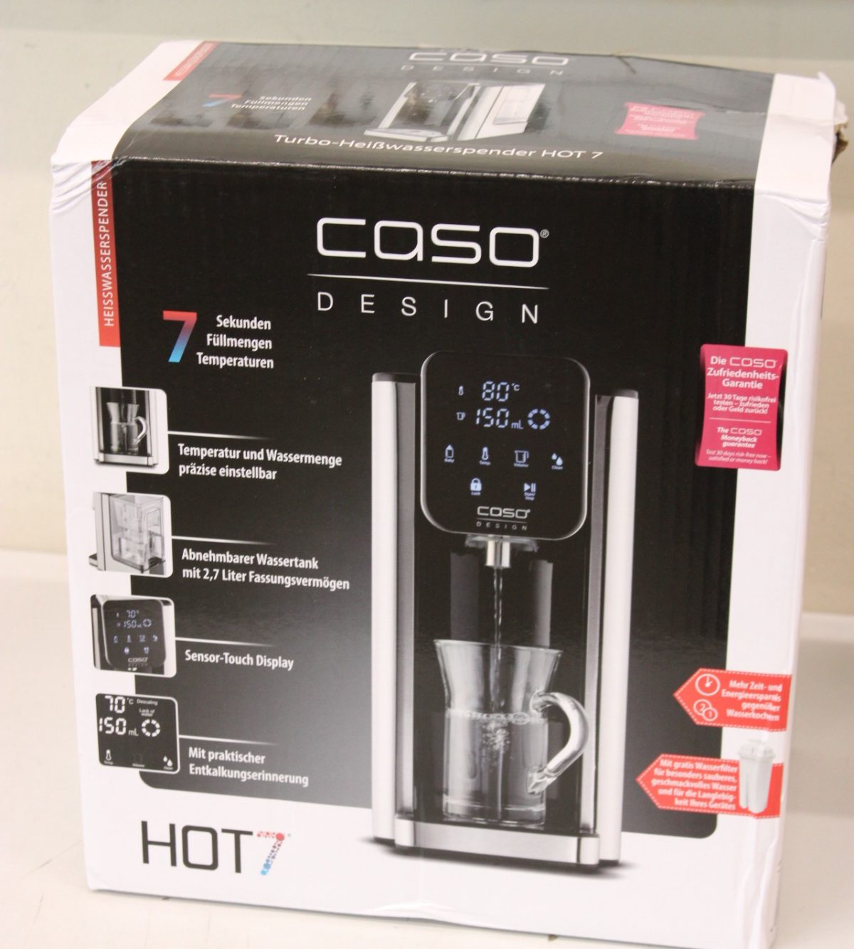 Caso Turbo Hot Water Dispenser, Hot 7, Water Dispenser, 2200-2600 W, 2.7 L, Plastic/Stainless Steel, Black/Stainless Steel, DAMAGED PACKAGING, BROKEN INER PACKAGING, DAMAGED GLASS CONTAINER