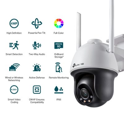 VIGI 4MP Outdoor Full-Color Wi-Fi Pan Tilt Network Camera, VIGI C540-W, Dome, 4 MP, 4 mm, IP66, H.265+/H.265/H.264+/H.264, MicroSD