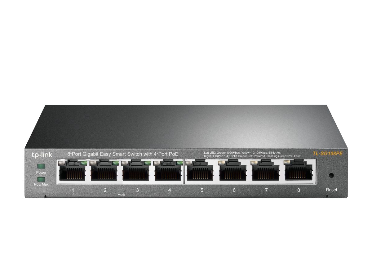 Smart Switch, TL-SG108PE, Web Managed, Desktop, Gigabit Ethernet (copper) ports quantity 4, PoE+ ports quantity 4, Power supply type External, 36 month(s)