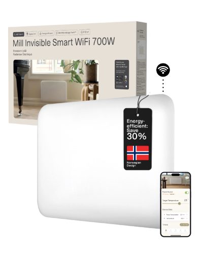 Mill Invisible Smart WiFi Heater, PA700WIFI4, Panel Heater, 700 W, Suitable for rooms up to 9-12 m², White, IPX4