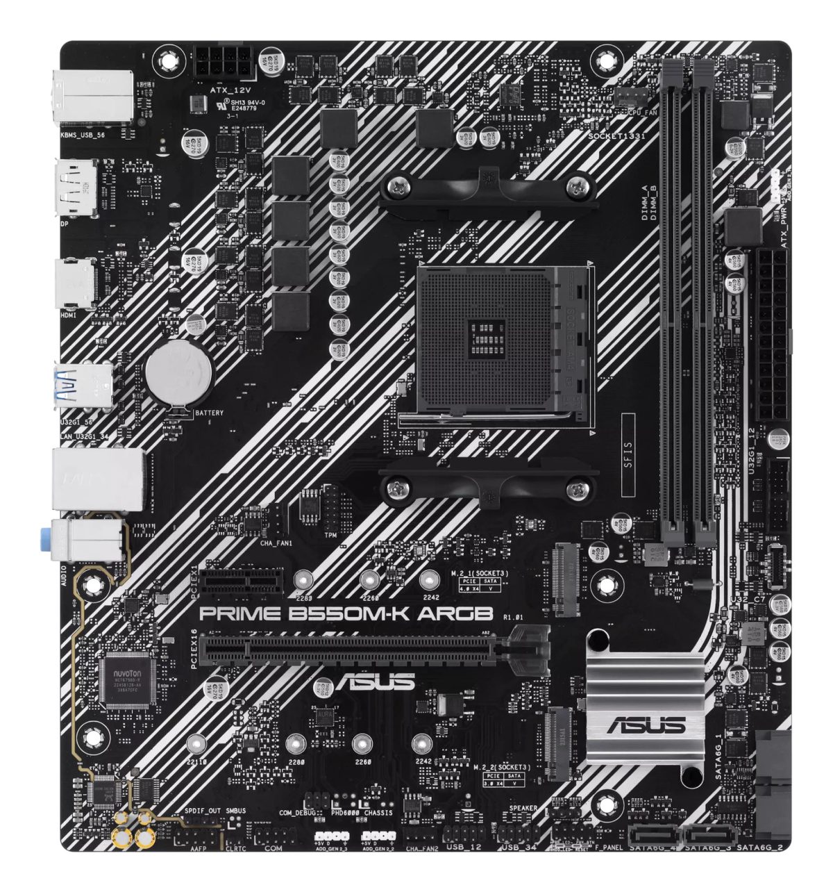 Mainboard, ASUS, AMD B550, SAM4, Micro-ATX, Memory DDR4, Memory slots 2, 1xPCI-Express 3.0 1x, 1xPCI-Express 3.0 16x, 1xPCI-Express 4.0 16x, 1xM.2, 1xHDMI, 1xDisplayPort, 1xAudio-In, 1xAudio-Out, 1xMicrophone, 2xUSB 2.0, 4xUSB 3.2, 1xPS/2, 1xRJ45, PRIMEB550M-KARGB