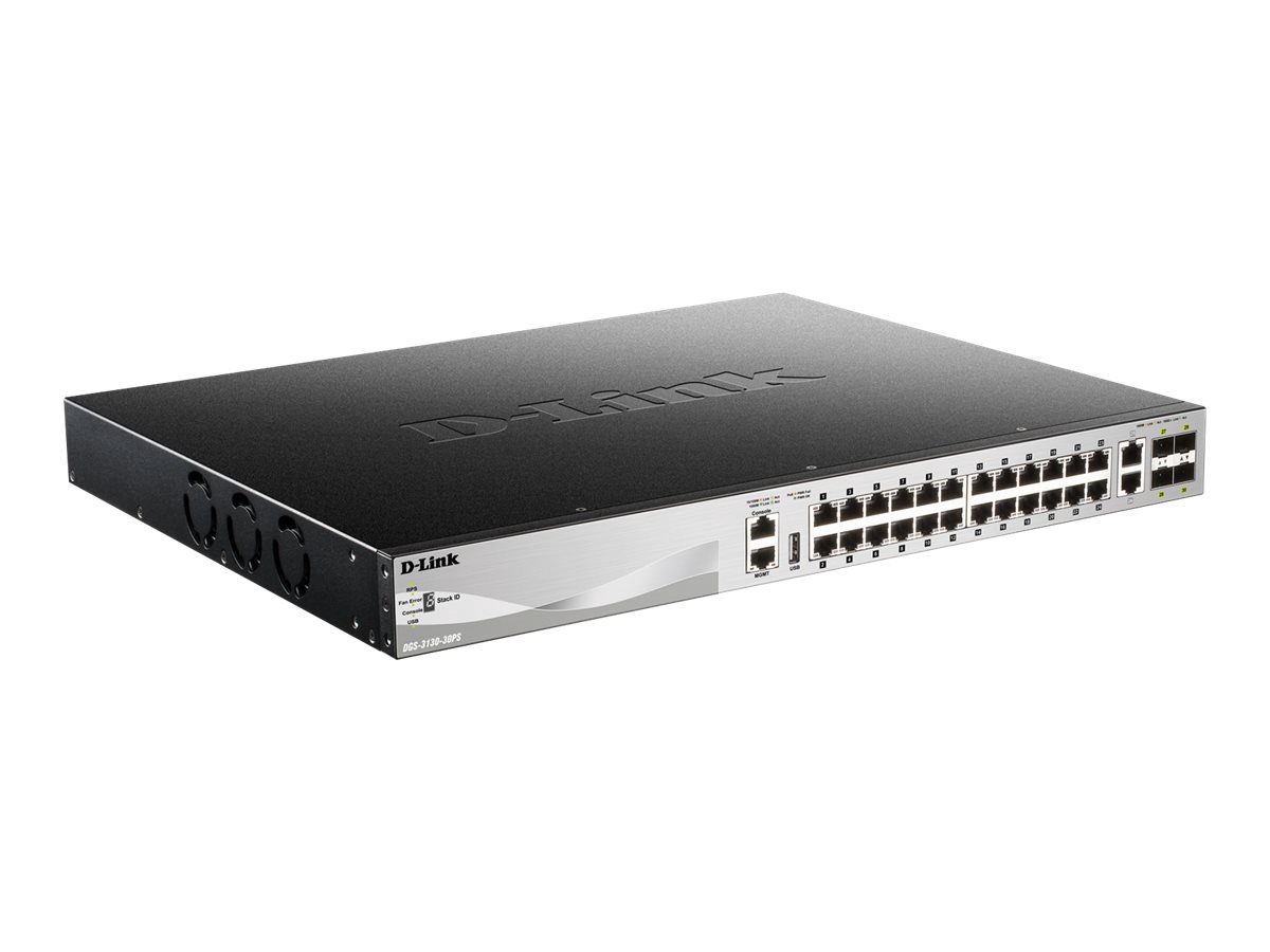 Switch, DGS-3130-30PS, Managed L2+, Rack mountable, Gigabit Ethernet (copper) ports quantity 24, 10 Gbps (RJ-45) ports quantity 2, SFP+ ports quantity 4, Power over Ethernet (PoE) ports quantity 24, Power supply type Optional Redundant