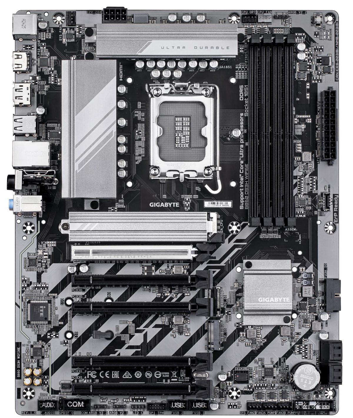 Mainboard, GIGABYTE, Intel B860 Express, LGA1851, ATX, Memory DDR5, 5xPCI-Express 16x, 2xM.2, 1xHDMI, 1xDisplayPort, 1xAudio-In, 1xAudio-Out, 1xMicrophone, 1xUSB 2.0, 1xUSB 3.2, 1xUSB-C, 1xPS/2, 1xRJ45, B860DS3HWIFI6E1.0
