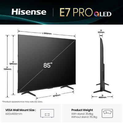 TV Set, HISENSE, 85 ", 4K Ultra HD, 3840 x 2160 pixels, Flat, 16:9, QLED, 85E7QPRO
