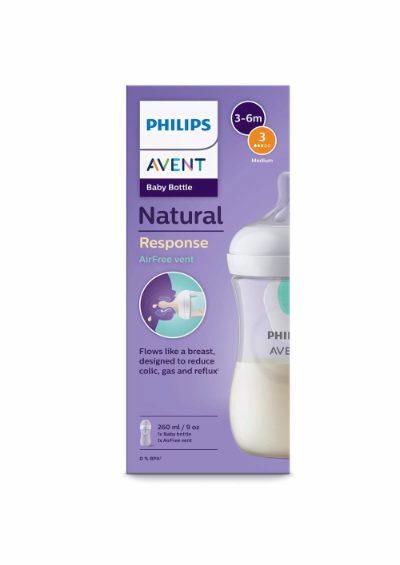 Philips Avent Natural Response pretkoliku pudelīte ar AirFree vārstu 260 ml, vidējas plūsmas knupītis, 1m+