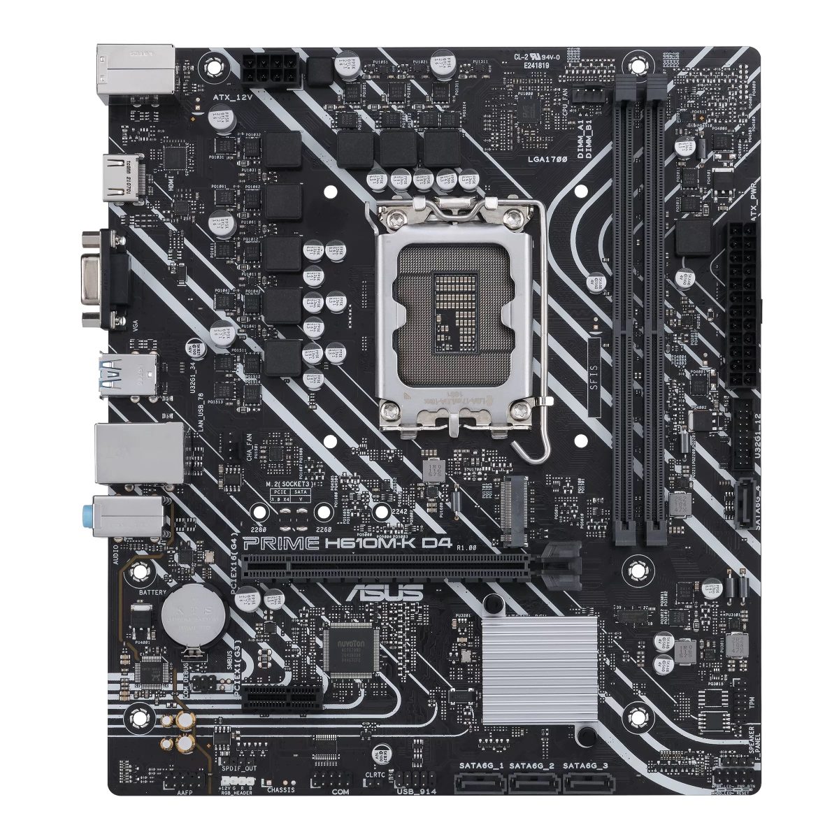 PRIME H610M-K D4, Processor family Intel, Processor socket  LGA1700, DDR4 DIMM, Memory slots 2, Supported hard disk drive interfaces SATA, M.2, Number of SATA connectors 4, Chipset Intel H610, mATX