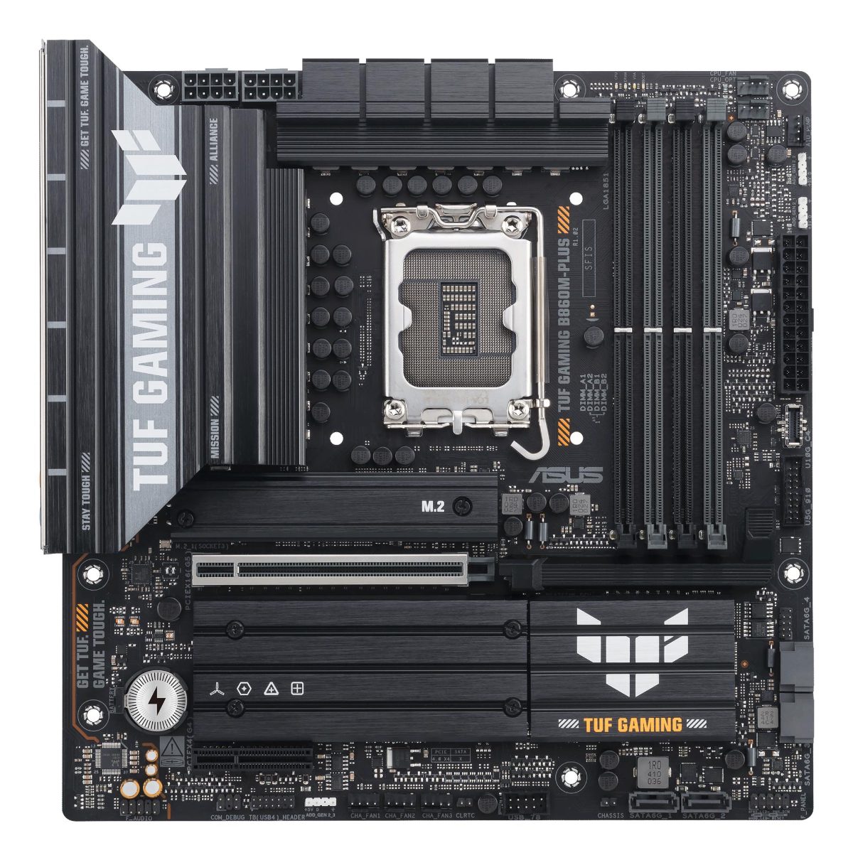Mainboard, ASUS, Intel B860 Express, LGA1851, Micro-ATX, Memory slots 4, 1xPCI-Express 4.0 4x, 1xPCI-Express 5.0 16x, 3xM.2, 1xHDMI, 1xDisplayPort, 1xUSB 2.0, 4xUSB 3.0, 2xUSB 3.2, 2xUSB-C, 1xOptical S/PDIF, 1xRJ45, 5xAudio port, TUFGAMINGB860M-PLUS