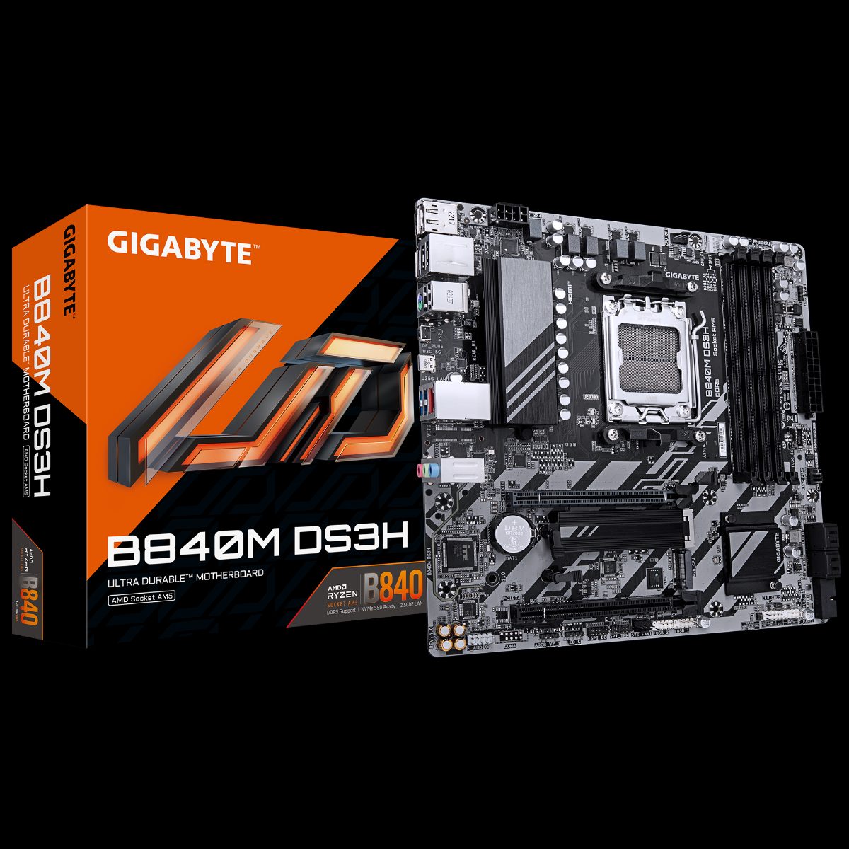 Gigabyte B840M DS3H, Processor family AMD, Processor socket AM5, DDR5, Supported hard disk drive interfaces SATA, M.2, Number of SATA connectors 4