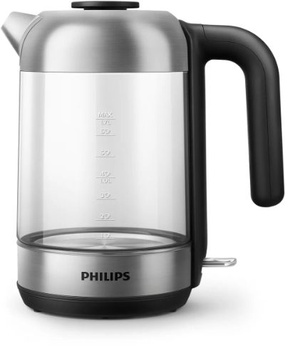 PHILIPS Tējkanna 1.7 l, stikla, melna/sudraba