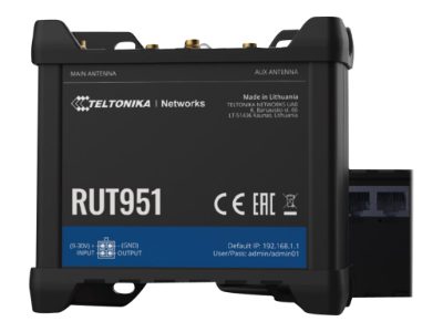 Industrial Cellular router, RUT951, 802.11n, 10/100 Mbit/s, Ethernet LAN (RJ-45) ports 3, Mesh Support No, MU-MiMO No, 2G/3G/4G, Antenna type 	2 x SMA for LTE, 2 x RP-SMA