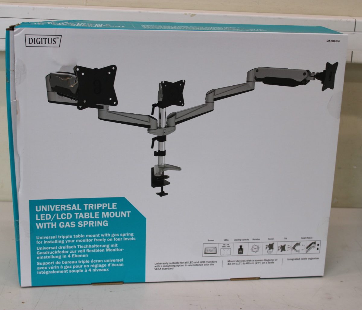 DIGITUS Triple monitor mount, 3x 27", 3x 6 kg, Digitus Desk Mount, Triple Monitor Gas Spring Mount DA-90363, Adjustable Height, Tilt, Swivel, 15-27 ", Maximum weight (capacity) 3x6 kg, DAMAGED PACKAGING, Silver