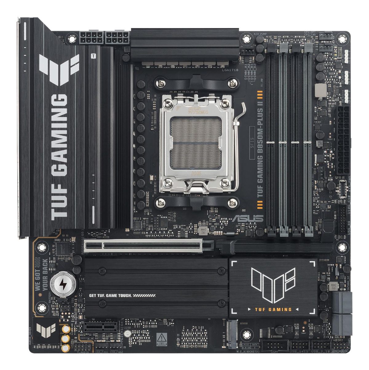Asus TUF GAMING B850M-PLUS II, Processor family AMD, Processor socket AM5, DDR5, Supported hard disk drive interfaces SATA, M.2, Number of SATA connectors 4