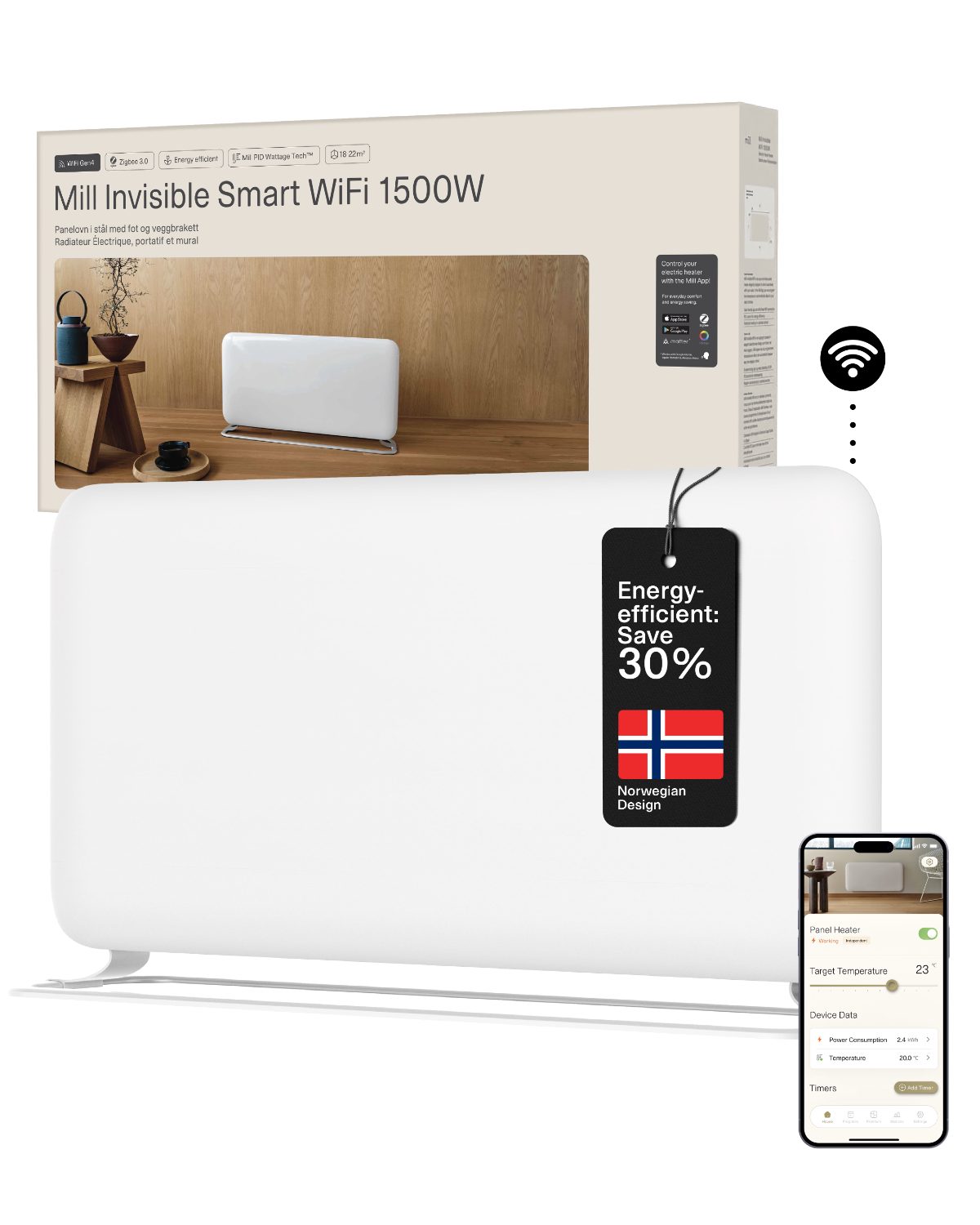 Mill WiFi Panel Heater, PA1500WIFI4A, Panel Heater, 1500 W, Suitable for rooms up to 22 m², White, IPX4