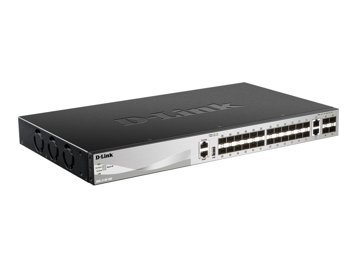 DGS-3130-30S, Switch, Managed L3, Rack mountable, 10 Gbps (RJ-45) ports quantity 2, SFP ports quantity 24, SFP+ ports quantity 4