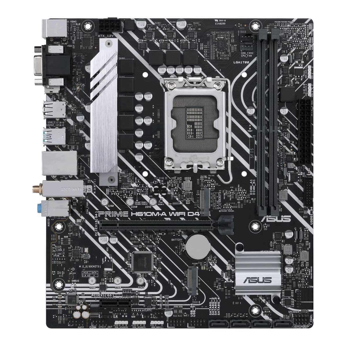 PRIME H610M-A WIFI D4, Processor family Intel, Processor socket  LGA1700, DDR4 DIMM, Memory slots 2, Supported hard disk drive interfaces 	SATA, M.2, Number of SATA connectors 4, Chipset  Intel H610, mATX